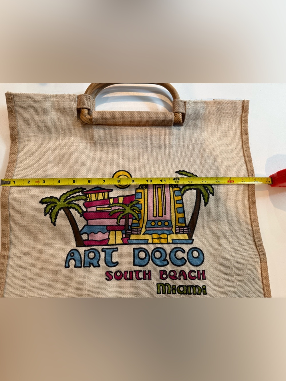 Art Deco South Beach Miami Canvas Tote - Beige with Colorful Print NWOT - Picture 2 of 5